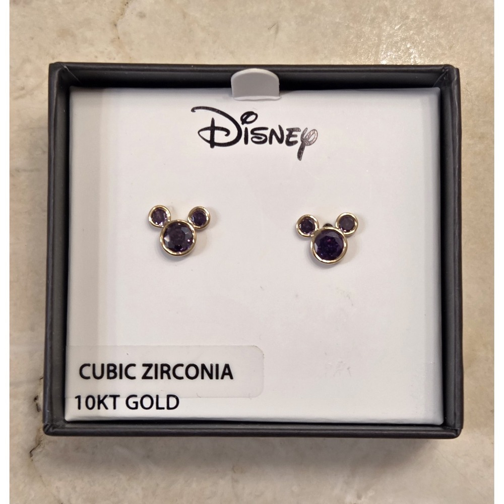 New Disney 10k Yellow‎ Gold & Purple CZ Mickey Mouse Stud Earrings